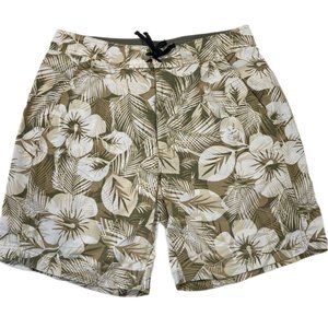 L.L. Bean Mens Board Swim Shorts Beige Olive Hawaiian Floral Pockets Laces 34